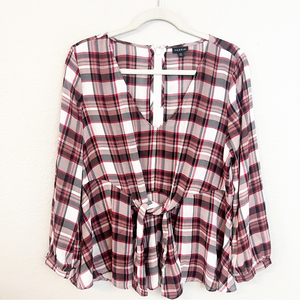 torrid White, Black & Burgundy Plaid Tie-Front Blouse